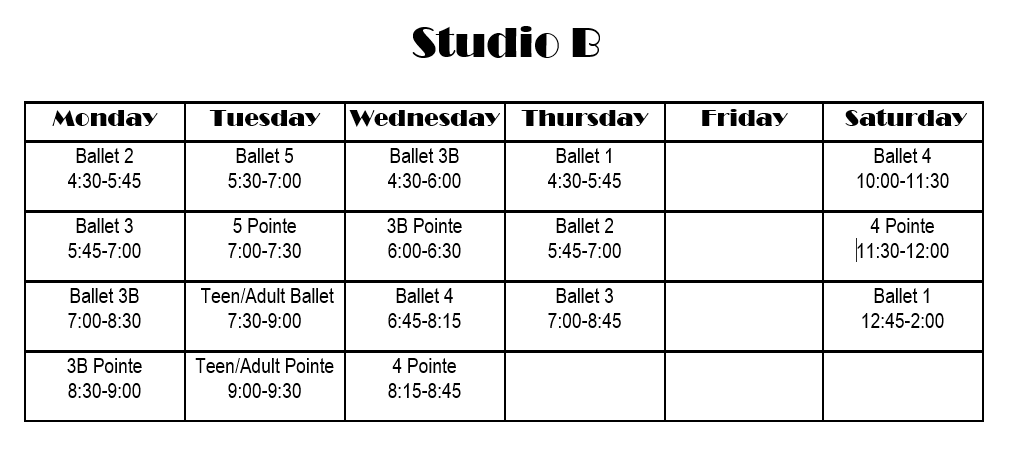 Class Schedule | Rochester School of Dance